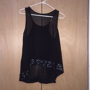 Mesh sequin trimmed high low tank top